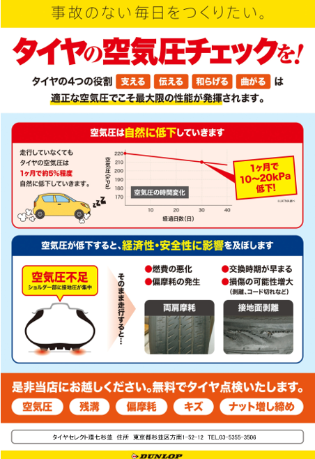 秋の全国タイヤ安全点検活動 無料点検キャンペ ン お知らせ タイヤセレクト環七杉並 タイヤセレクト タイヤランド Dunlop